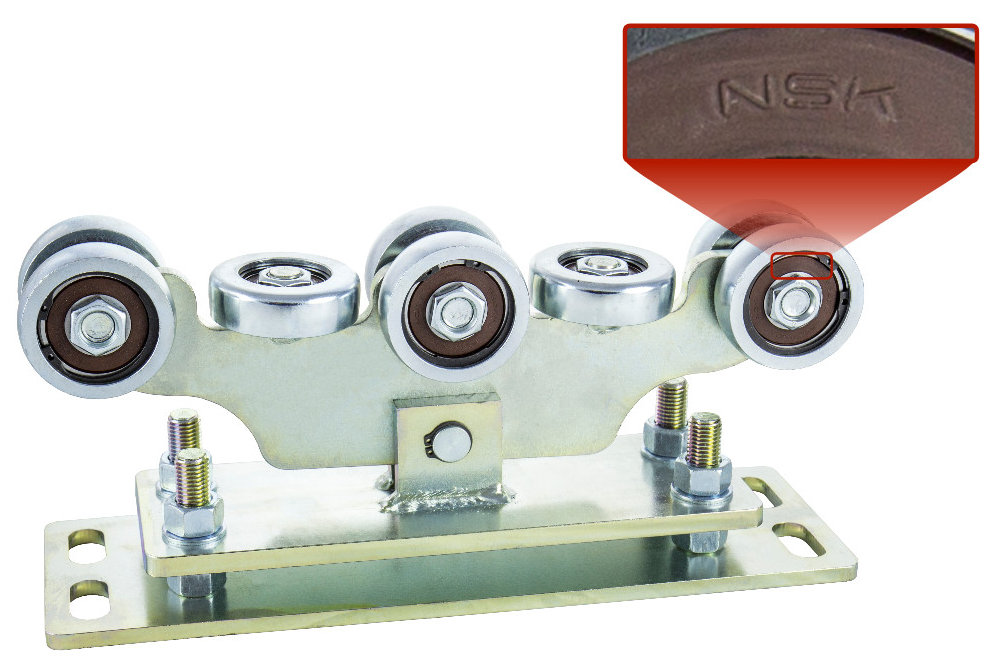 Wózek bramy przesuwnej, regulowany, do szyny 80x80x5, z 8-mioma rolkami stalowymi, łożyska NSK, platforma 290 mm